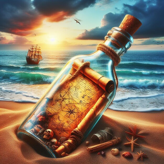 Photo hyper realistic message in a bottle with a treasuremap at the beach in the sunset