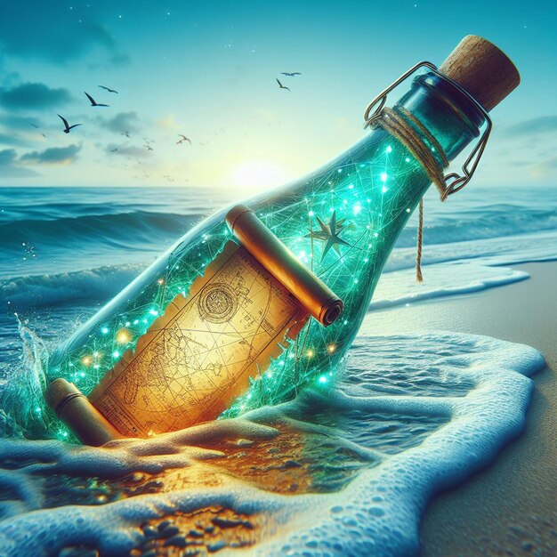 Hyper Realistic message in a bottle with a treasuremap at the beach in the sunset