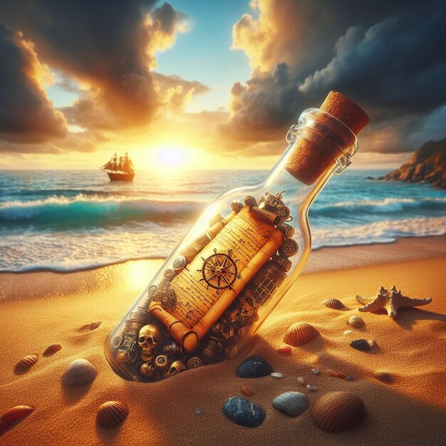 Photo hyper realistic message in a bottle with a treasuremap at the beach in the sunset