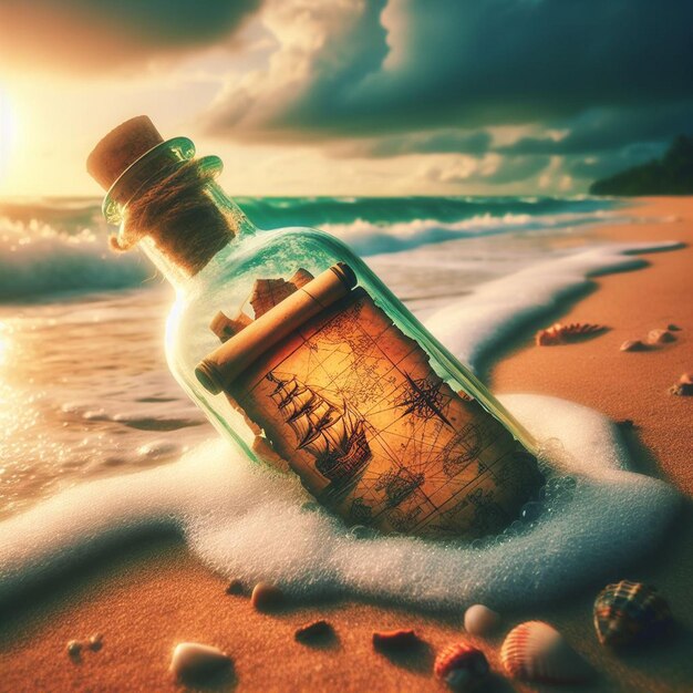 Photo hyper realistic message in a bottle with a treasuremap at the beach in the sunset