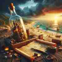 Photo hyper realistic message in a bottle with a treasuremap at the beach in the sunset