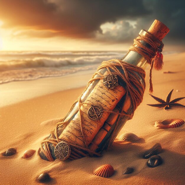 Photo hyper realistic message in a bottle with a treasuremap at the beach in the sunset