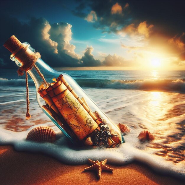 Hyper Realistic message in a bottle with a treasuremap at the beach in the sunset