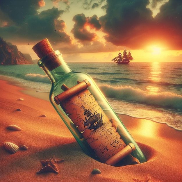 Hyper Realistic message in a bottle with a treasuremap at the beach in the sunset