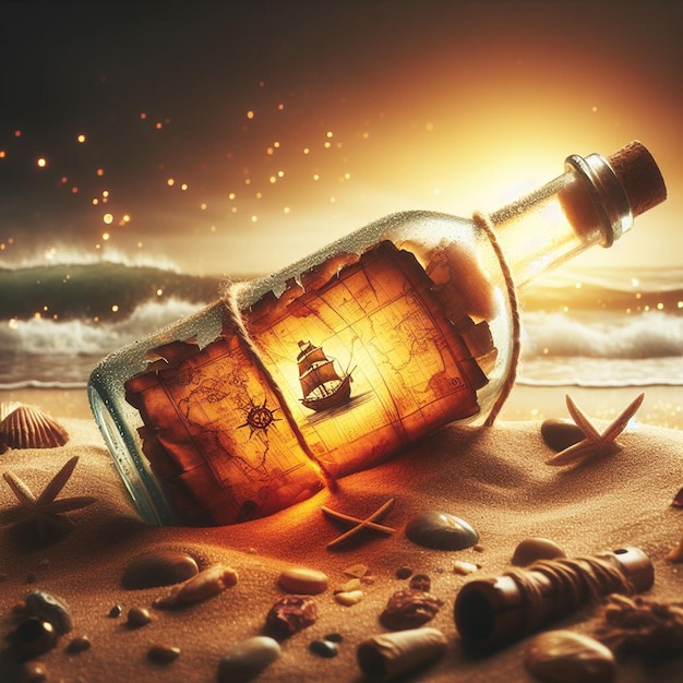 Hyper Realistic message in a bottle with a treasuremap at the beach in the sunset