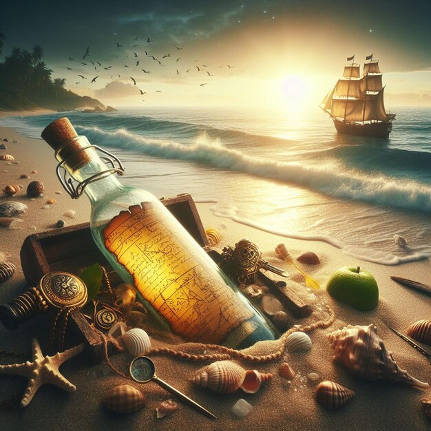 Hyper Realistic message in a bottle with a treasuremap at the beach in the sunset