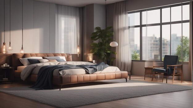 A hyper realistic modern bedroom with window 8k