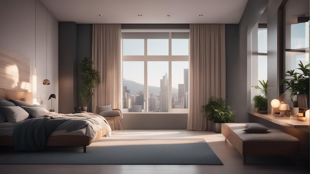 A hyper realistic modern bedroom with window 8k