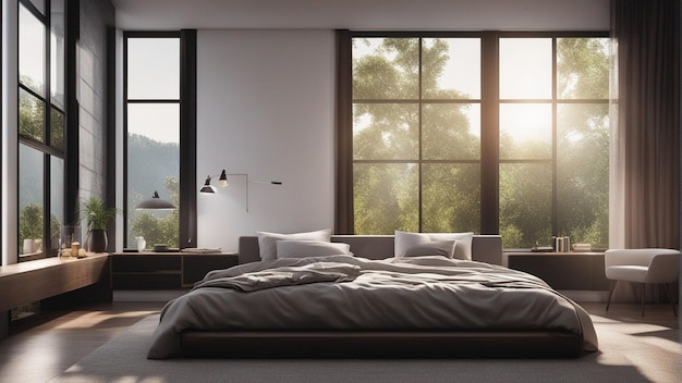 A hyper realistic modern bedroom with window 8k