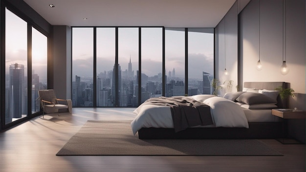 A hyper realistic modern bedroom with window 8k