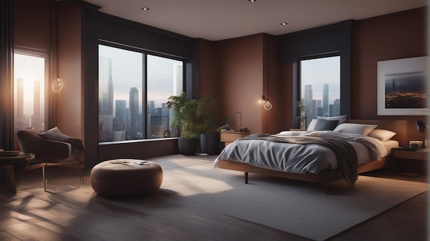 A hyper realistic modern bedroom with window 8k