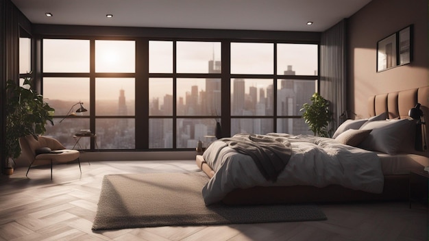 A hyper realistic modern bedroom with window 8k