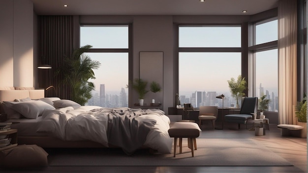 Гиперреалистичная современная спальня с окном 8k