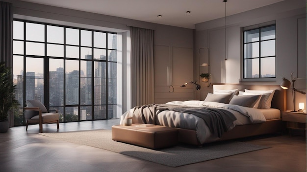 A hyper realistic modern bedroom with window 8k