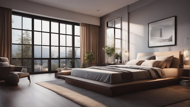 A hyper realistic modern bedroom with window 8k