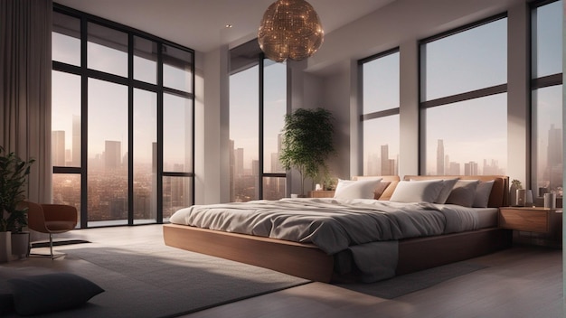 窓付きの非常に現実的なモダンな寝室 8k