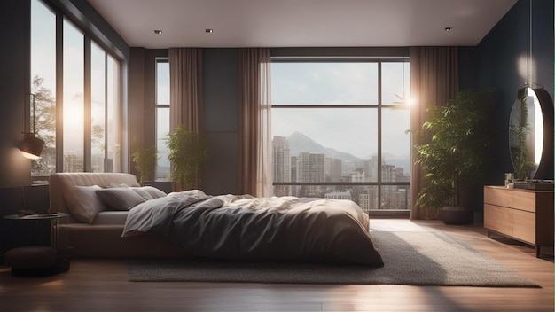 A hyper realistic modern bedroom with window 8k