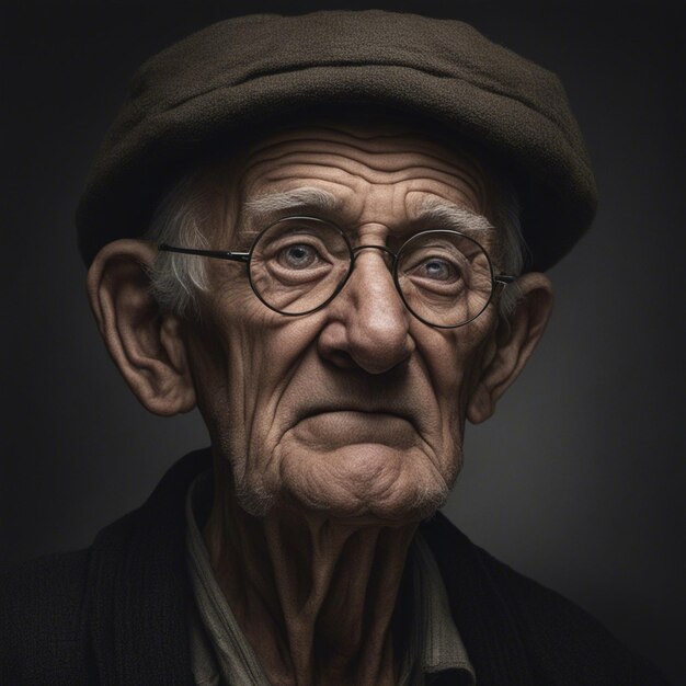 Foto un ritratto iper-realista di un vecchio isolato su uno sfondo scuro