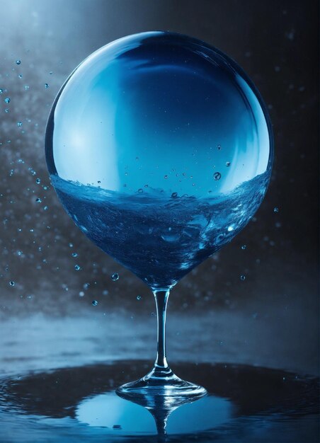 Hyper realistic opaque blue abstract circular metallic frozen water in air with light reflecting