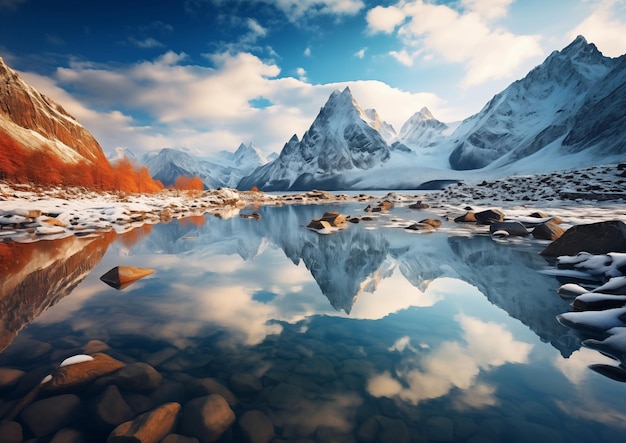 Hyper Realistic painting of Lake and mountains reflection in water Stunning winter landscape A serene mountain lake mirroring the snowcapped peaks Stunning photo Generated AI