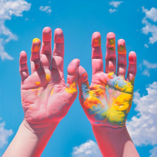 Photo hyper-realistic pastel colorful paintings of children's palms, generative ai