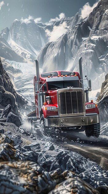 Photo hyper realistic peterbilt truck thrashing down a sharp rocky mountainous road that has dynamic