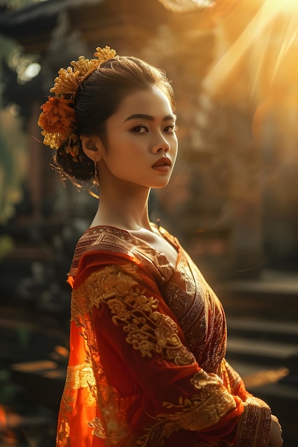 hyper realistic photography of beautiful asian woman using balinese traditional clothes