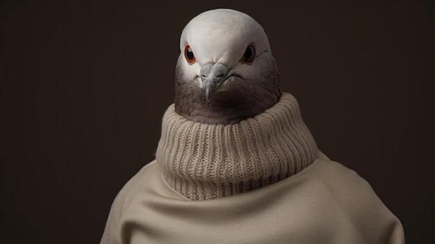 Photo hyper realistic pigeon portrait in knit turtleneck sweater