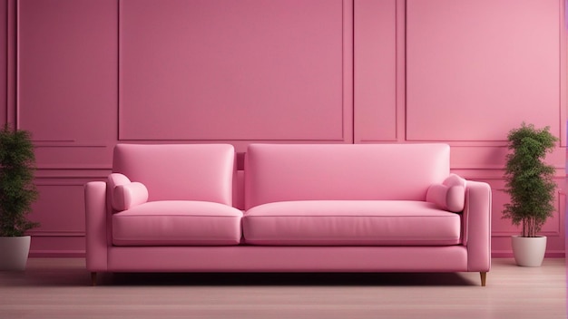 A hyper realistic pink sofa with pink wall background 8k