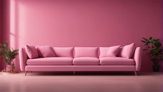 A hyper realistic pink sofa with pink wall background 8k