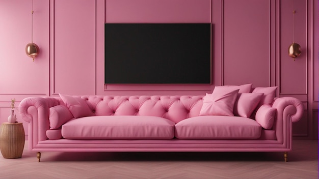 A hyper realistic pink sofa with pink wall background 8k