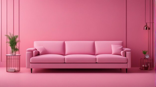 A hyper realistic pink sofa with pink wall background 8k