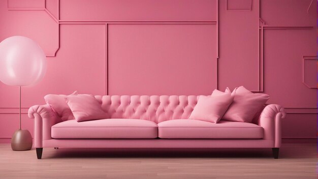 A hyper realistic pink sofa with pink wall background 8k