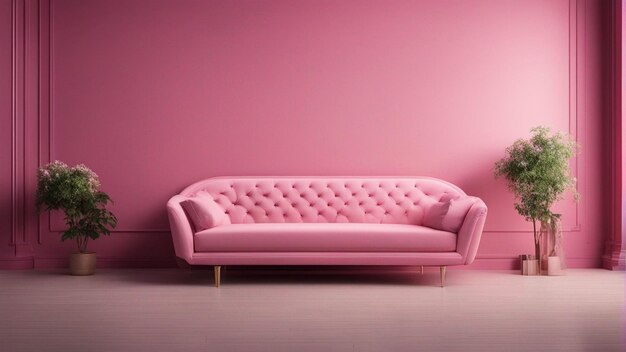 A hyper realistic pink sofa with pink wall background 8k