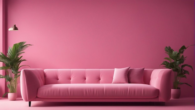 A hyper realistic pink sofa with pink wall background 8k