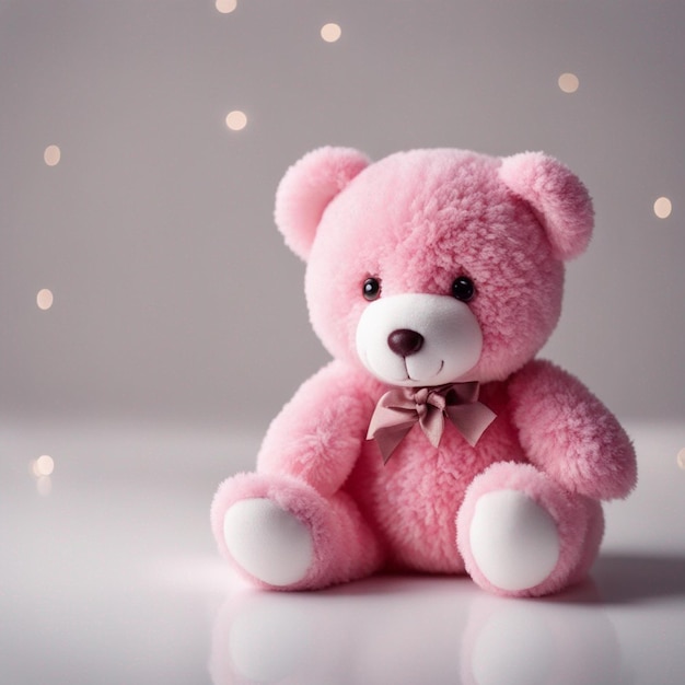 A hyper realistic pink teddy white background