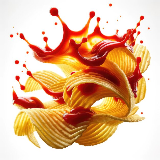 Photo hyper realistic potato chips floating in midair with vibrant splashes isolated on a white backgrou