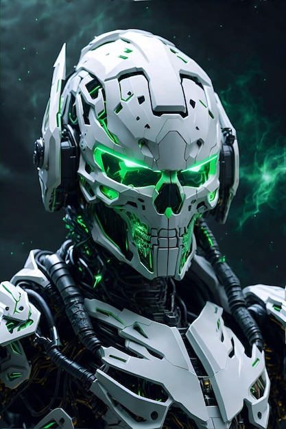 гиперреалистичный мощный бело-зеленый бронированный череп, ее кибернетический шлем светится