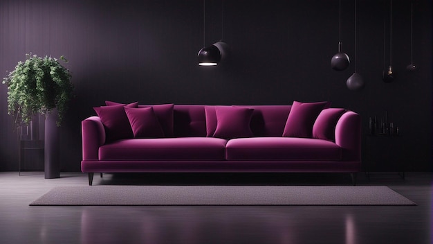 A hyper realistic purple sofa with black wall background 8k