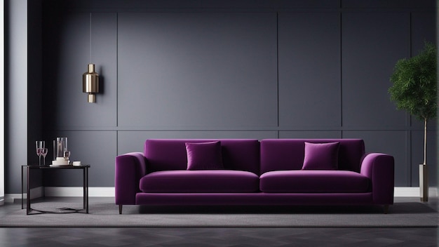 A hyper realistic purple sofa with black wall background 8k