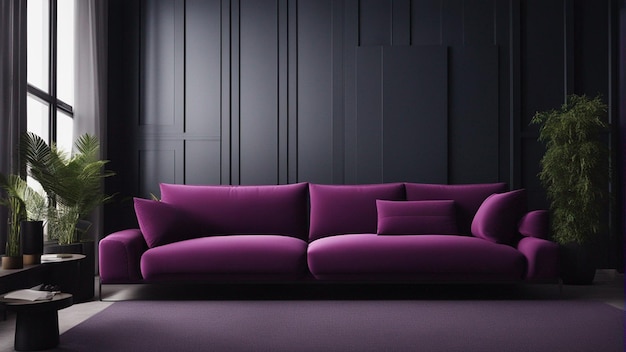 A hyper realistic purple sofa with black wall background 8k