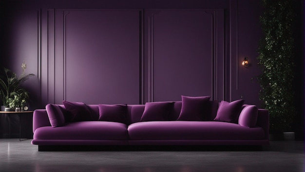 A hyper realistic purple sofa with black wall background 8k