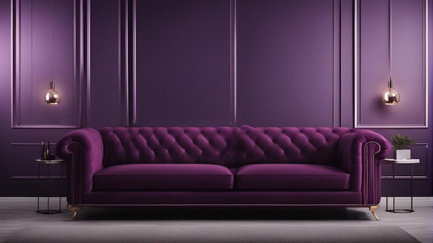 A hyper realistic purple sofa with black wall background 8k