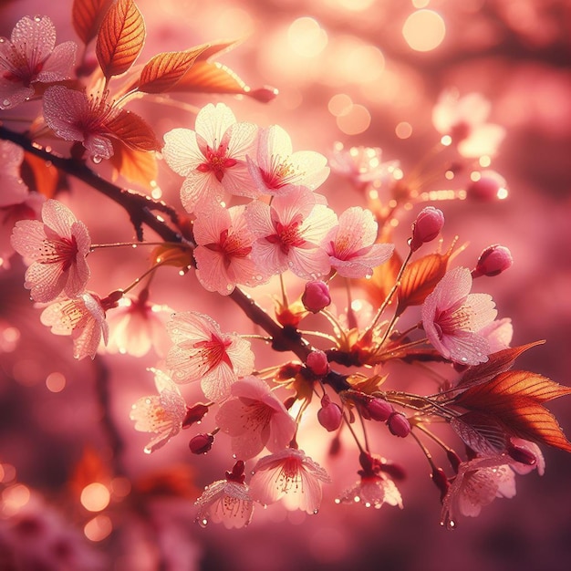 Hyper realistic Sakura Cherry Blossom Tree Leaves Japanese Festival Morning Dew Osaka Tokyo pink