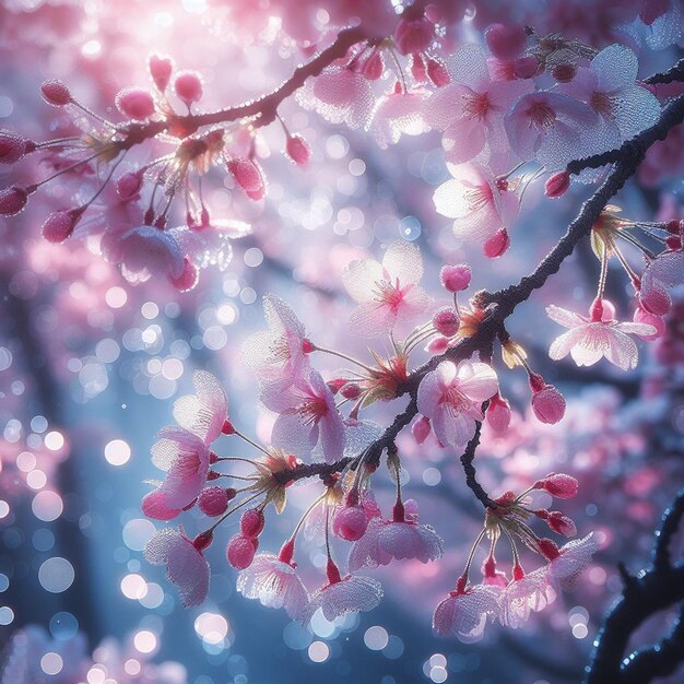 Hyper realistic Sakura Cherry Blossom Tree Leaves Japanese Festival Morning Dew Osaka Tokyo pink