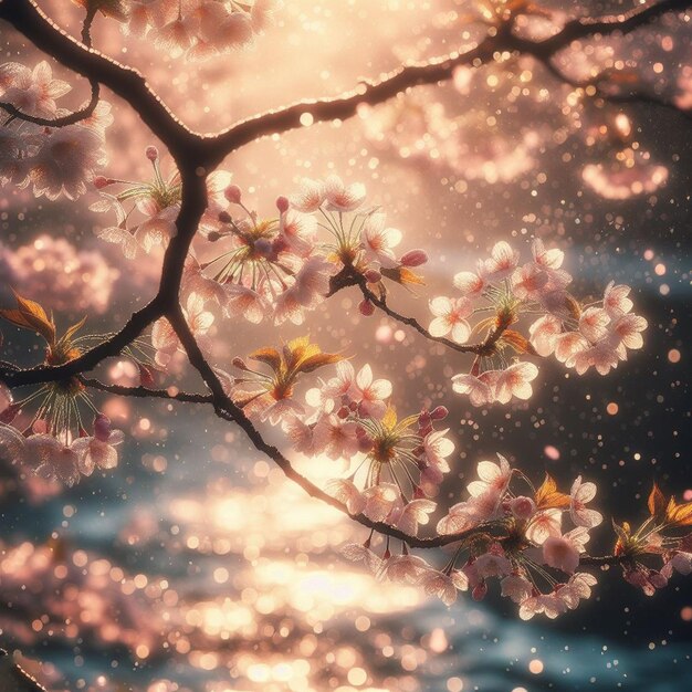 Photo hyper realistic sakura cherry blossom tree leaves japanese festival morning dew osaka tokyo pink