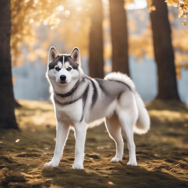 A hyper realistic siberian husky dog full body with white background