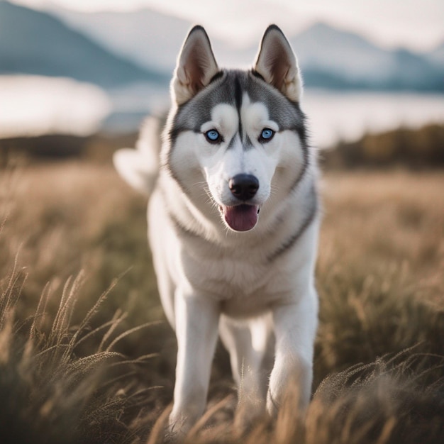 白い背景を持つ超現実的なシベリアン ハスキー犬の全身