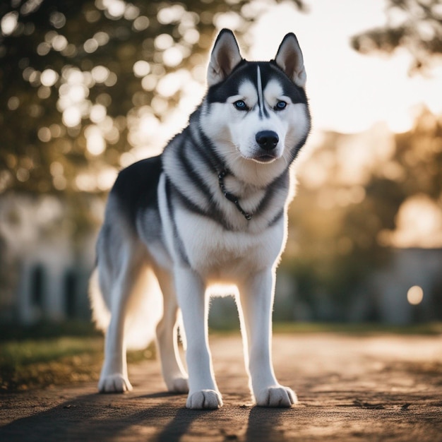 白い背景を持つ超現実的なシベリアン ハスキー犬の全身