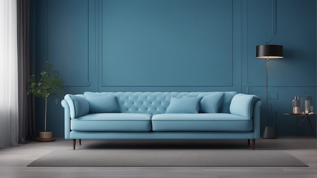 A hyper realistic sky blue sofa with light blue wall background 8k